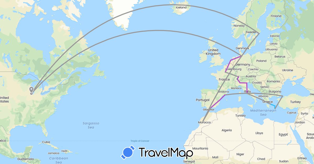 TravelMap itinerary: driving, bus, plane, train, boat in Switzerland, Germany, Denmark, Spain, France, Greece, Italy, Morocco, Netherlands, Sweden, Turkey, United States (Africa, Asia, Europe, North America)